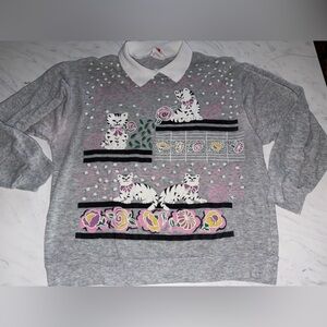 Jane colby collar retro flowers sweatshirt ugly xmas sweater cat xl
